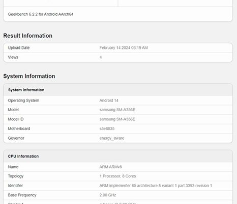 هاتف Galaxy A35 يظهر في قاعدة بيانات Geekbench برقاقة Exynos 1380