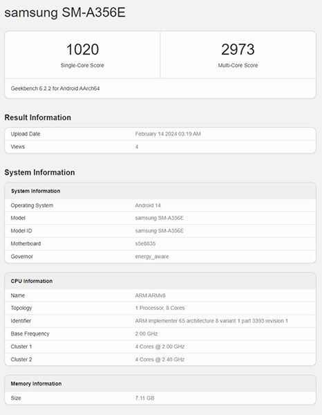 هاتف Galaxy A35 يظهر في قاعدة بيانات Geekbench برقاقة Exynos 1380